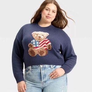 Grayson Threads Women's Teddy Bear Flag Graphic Navy Sweater Xl